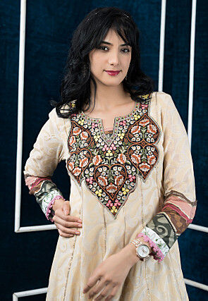 Embroidered Art Silk Jacquard Anarkali Suit in Beige