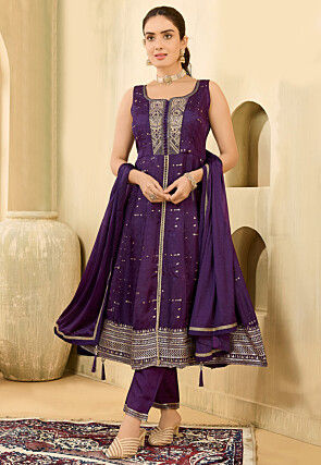 Embroidered Art Silk Jacquard Anarkali Suit in Dark Purple