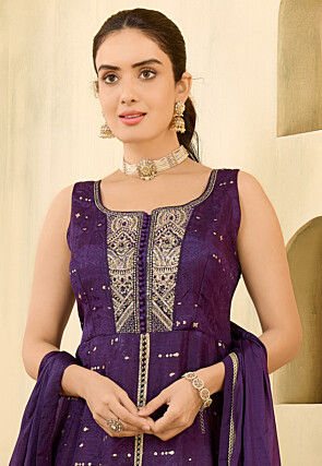 Embroidered Art Silk Jacquard Anarkali Suit in Dark Purple