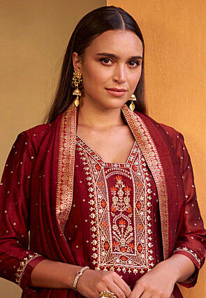 Embroidered Art Silk Jacquard Anarkali Suit in Maroon