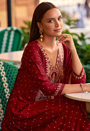 Embroidered Art Silk Jacquard Anarkali Suit in Maroon