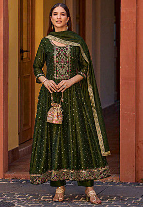 Embroidered Art Silk Jacquard Anarkali Suit in Olive Green