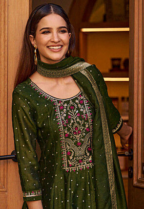 Embroidered Art Silk Jacquard Anarkali Suit in Olive Green