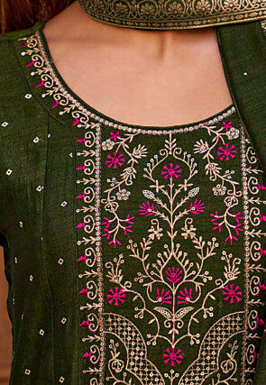 Embroidered Art Silk Jacquard Anarkali Suit in Olive Green