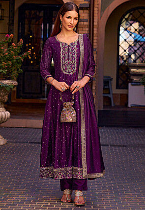 Embroidered Art Silk Jacquard Anarkali Suit in Purple