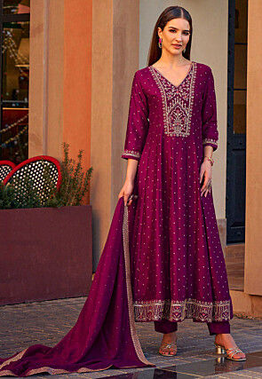Embroidered Art Silk Jacquard Anarkali Suit in Purple