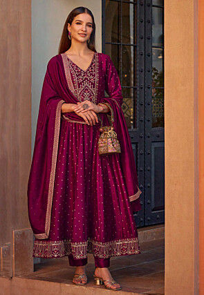 Embroidered Art Silk Jacquard Anarkali Suit in Purple