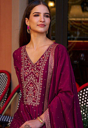 Embroidered Art Silk Jacquard Anarkali Suit in Purple