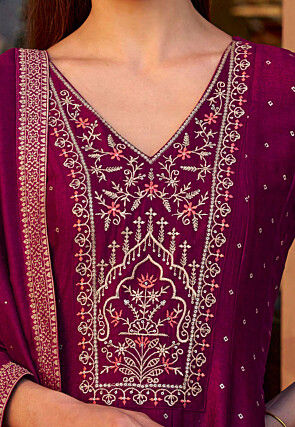 Embroidered Art Silk Jacquard Anarkali Suit in Purple