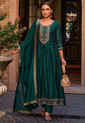 Embroidered Art Silk Jacquard Anarkali Suit in Teal Green