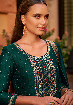 Embroidered Art Silk Jacquard Anarkali Suit in Teal Green