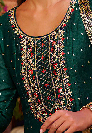 Embroidered Art Silk Jacquard Anarkali Suit in Teal Green