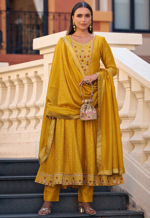 Embroidered Art Silk Jacquard Anarkali Suit in Yellow