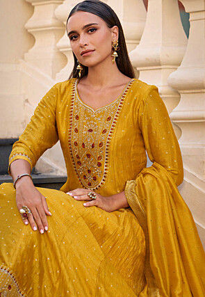 Embroidered Art Silk Jacquard Anarkali Suit in Yellow