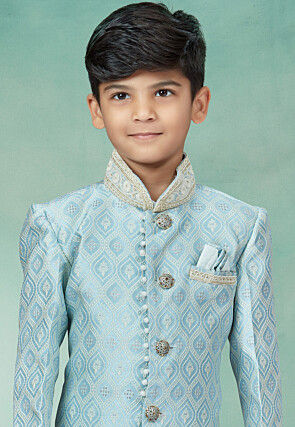 Embroidered Art Silk Jacquard Asymmetric Sherwani in Sky Blue