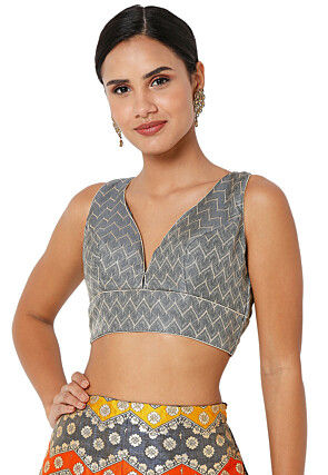 Embroidered Art Silk Jacquard Blouse in Grey