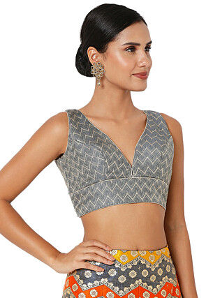 Embroidered Art Silk Jacquard Blouse in Grey