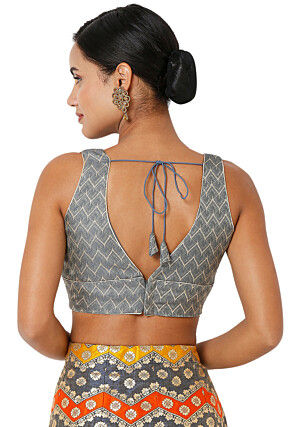 Embroidered Art Silk Jacquard Blouse in Grey