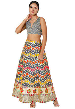 Embroidered Art Silk Jacquard Blouse in Grey