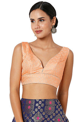 Embroidered Art Silk Jacquard Blouse in Peach