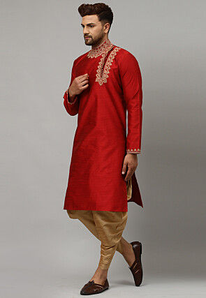 Embroidered Art Silk Jacquard Dhoti Kurta in Maroon