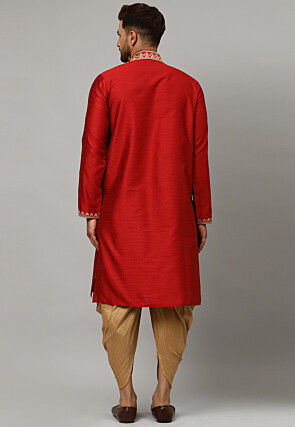 Embroidered Art Silk Jacquard Dhoti Kurta in Maroon