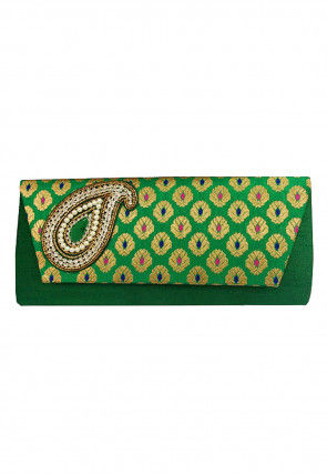Embroidered Art Silk Jacquard Flap Clutch Bag in Green