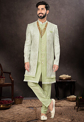 Embroidered Art Silk Jacquard Jacket Style Sherwani in Light Green
