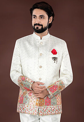 Embroidered Art Silk Jacquard Jodhpuri Jacket in Cream