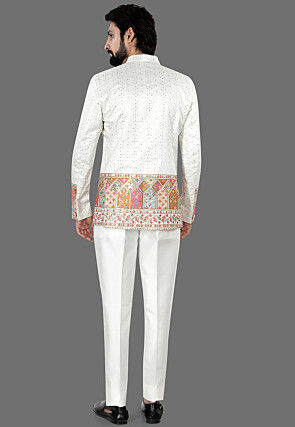 Embroidered Art Silk Jacquard Jodhpuri Suit in Cream
