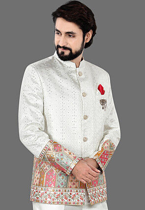 Embroidered Art Silk Jacquard Jodhpuri Suit in Cream