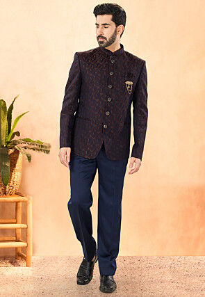 Embroidered Art Silk Jacquard Jodhpuri Suit in Navy Blue