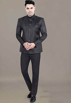 Embroidered Art Silk Jacquard Jodhpuri Jacket in Black