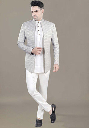 Embroidered Art Silk Jacquard Jodhpuri Jacket in Grey