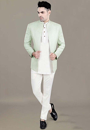 Embroidered Art Silk Jacquard Jodhpuri Jacket in Light Green