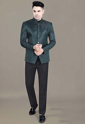 Embroidered Art Silk Jacquard Jodhpuri Jacket in Teal Green