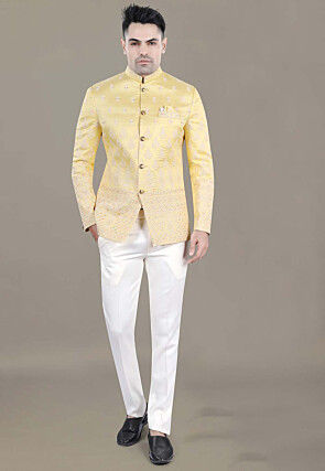 Embroidered Art Silk Jacquard Jodhpuri Jacket in Yellow
