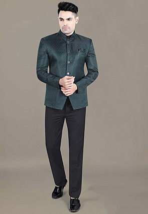 Embroidered Art Silk Jacquard Jodhpuri Suit in Teal Green