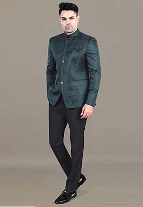 Embroidered Art Silk Jacquard Jodhpuri Suit in Teal Green