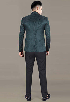 Embroidered Art Silk Jacquard Jodhpuri Suit in Teal Green