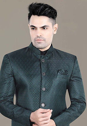 Embroidered Art Silk Jacquard Jodhpuri Suit in Teal Green