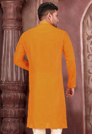 Embroidered Art Silk Jacquard Kurta in Mustard