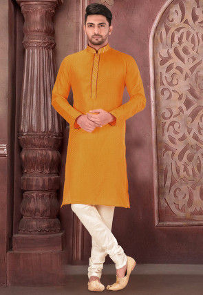 Embroidered Art Silk Jacquard Kurta in Mustard