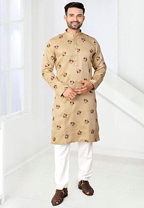 Embroidered Art Silk Jacquard Kurta Set in Beige