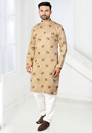 Embroidered Art Silk Jacquard Kurta Set in Beige