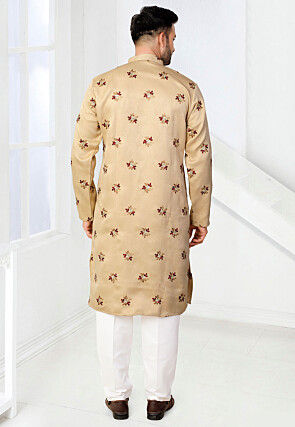 Embroidered Art Silk Jacquard Kurta Set in Beige