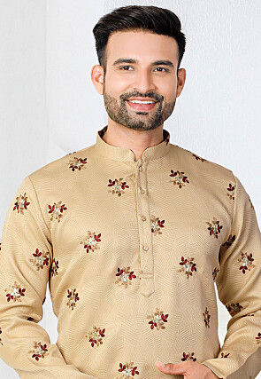 Embroidered Art Silk Jacquard Kurta Set in Beige