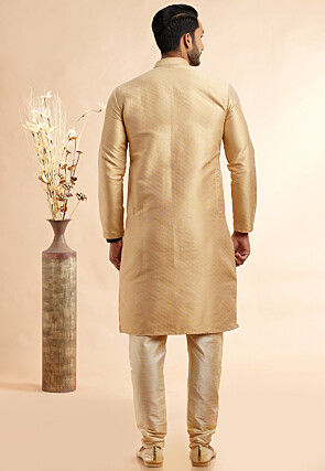 Embroidered Art Silk Jacquard Kurta Set in Beige