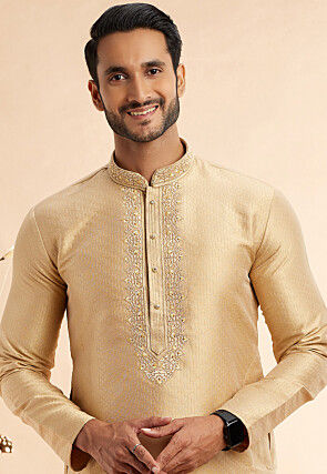 Embroidered Art Silk Jacquard Kurta Set in Beige