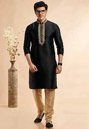 Embroidered Art Silk Jacquard Kurta Set in Black